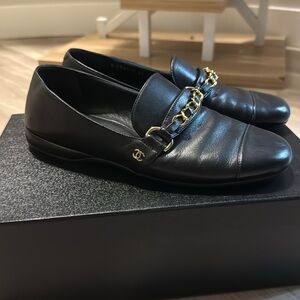 CHANEL Black Loafers with Gold Accent